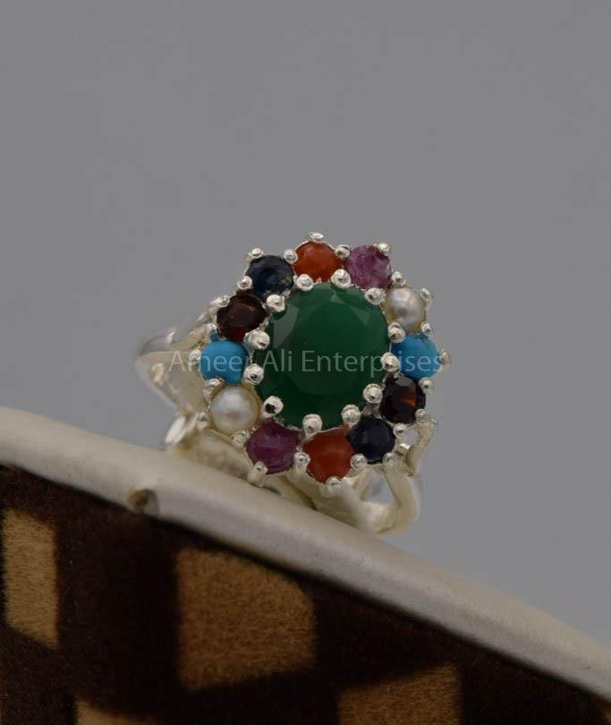 AAE 7532 Chandi Ring, Stone: Navratan (Nine Original Stones) - AmeerAliEnterprises