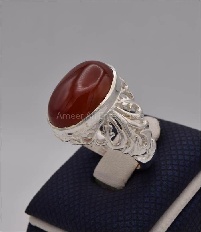 AAE 9600 Chandi Ring 925, Stone: Red Aqeeq - AmeerAliEnterprises