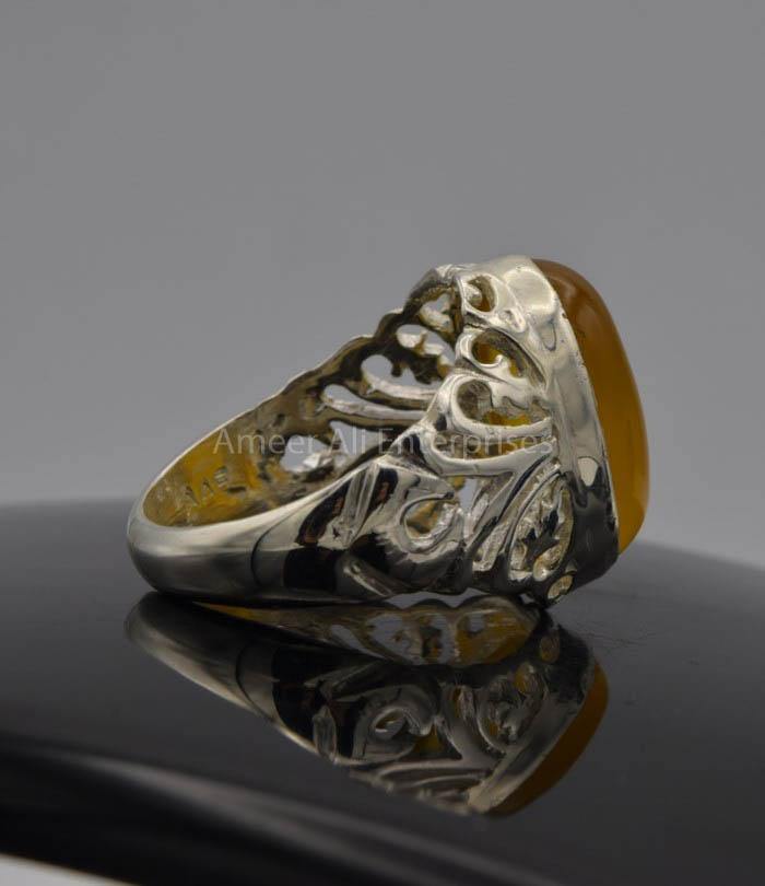 AAE 6525 Chandi Ring 925, Stone: Yellow Aqeeq - AmeerAliEnterprises