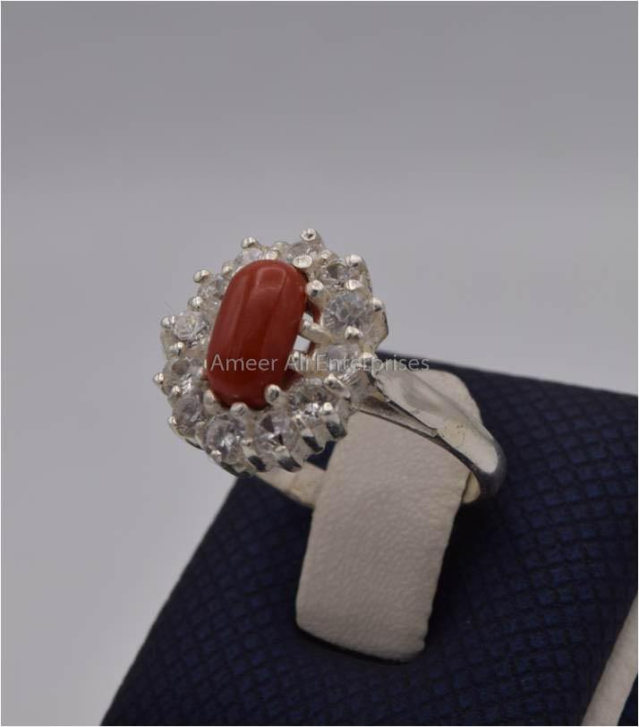 AAE 1218 Chandi Ring 925, Stone: Marjan (Coral) - AmeerAliEnterprises