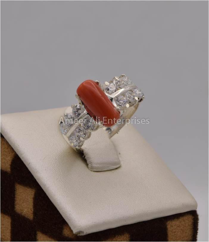 AAE 2506 Chandi Ring 925, Stone: Marjan (Coral) - AmeerAliEnterprises
