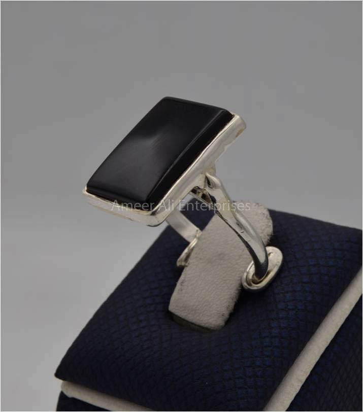 AAE 8211 Chandi Ring 925, Stone: Black Aqeeq - AmeerAliEnterprises