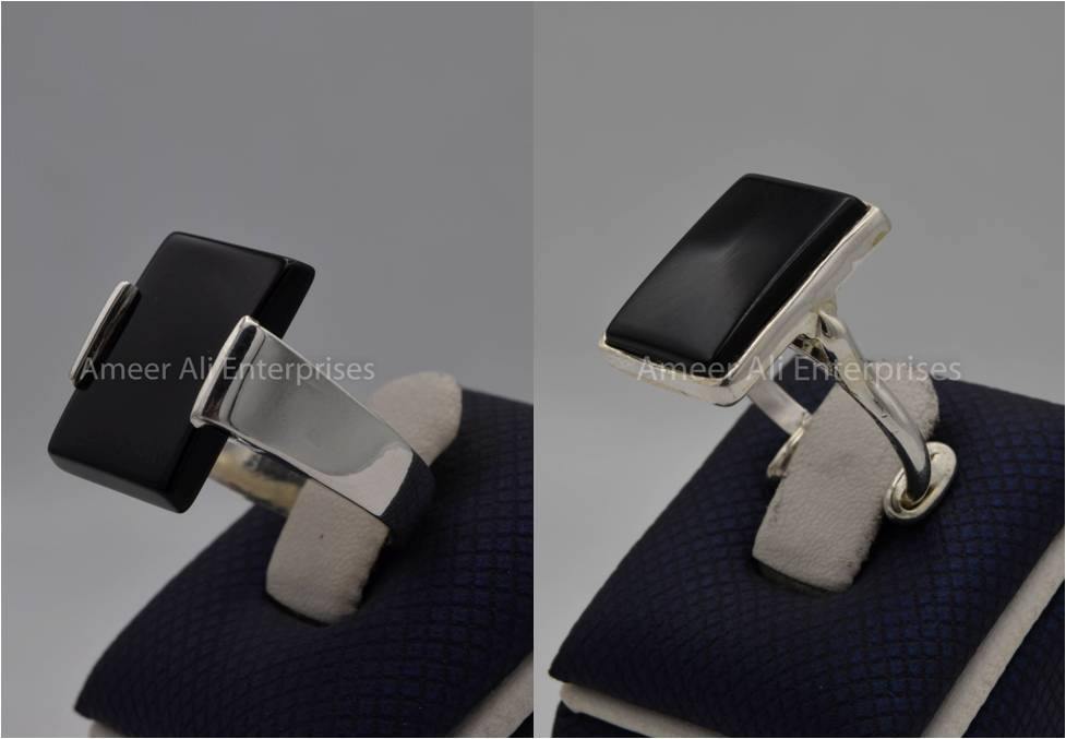 Silver Couple Rings: Pair 89, Stone: Black Aqeeq (Agate) - AmeerAliEnterprises