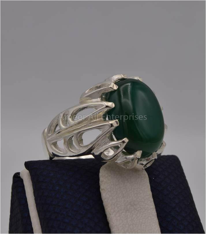 AAE 3114 Chandi Ring 925, Stone: Green Aqeeq - AmeerAliEnterprises