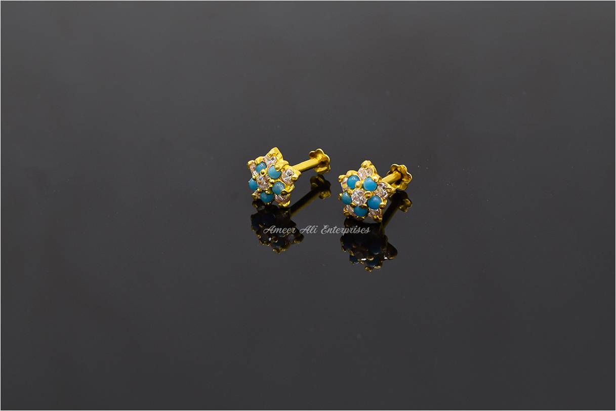 AAE 6929 Gold Ear Studs, Stone: Zircon & Feroza