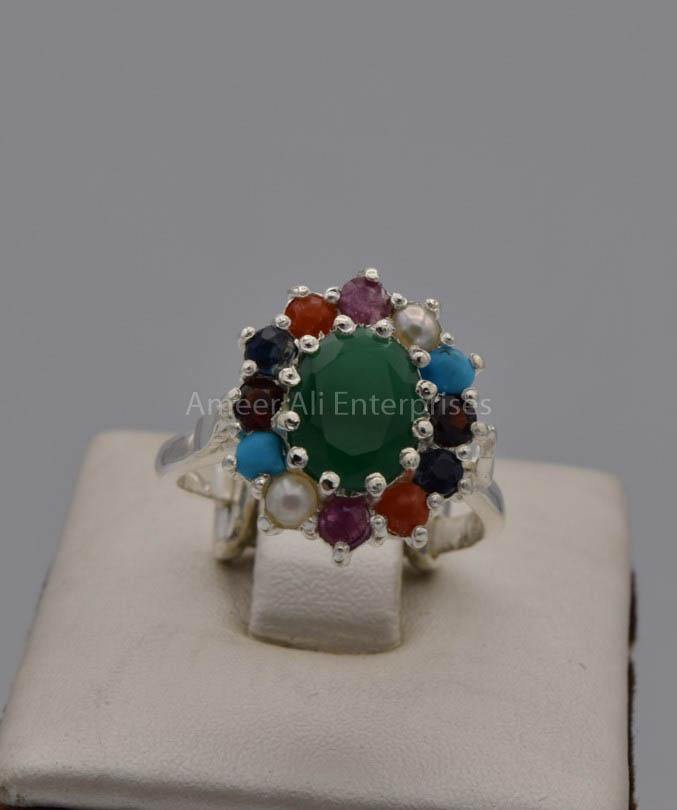 AAE 7532 Chandi Ring, Stone: Navratan (Nine Original Stones) - AmeerAliEnterprises