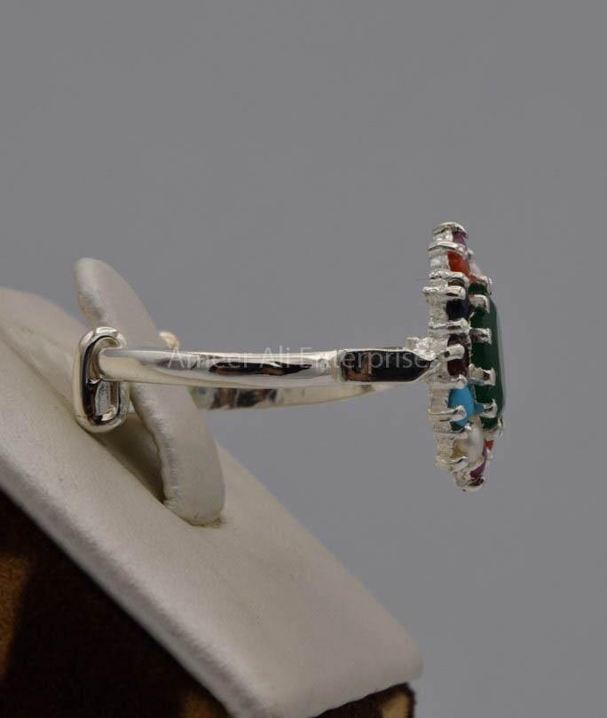 AAE 7532 Chandi Ring, Stone: Navratan (Nine Original Stones) - AmeerAliEnterprises