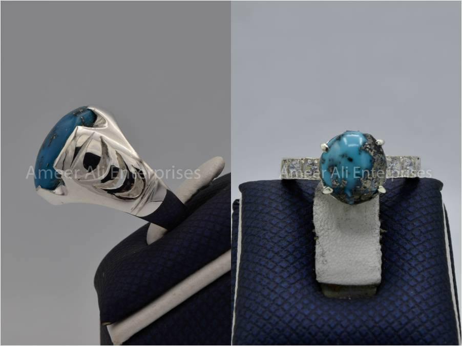 Silver Couple Rings: Pair 138, Stone: Shajri Feroza - AmeerAliEnterprises