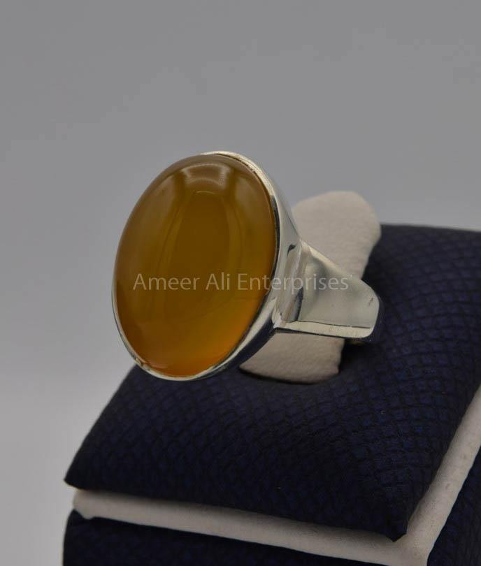 AAE 6537 Chandi Ring 925, Stone: Yellow Aqeeq - AmeerAliEnterprises