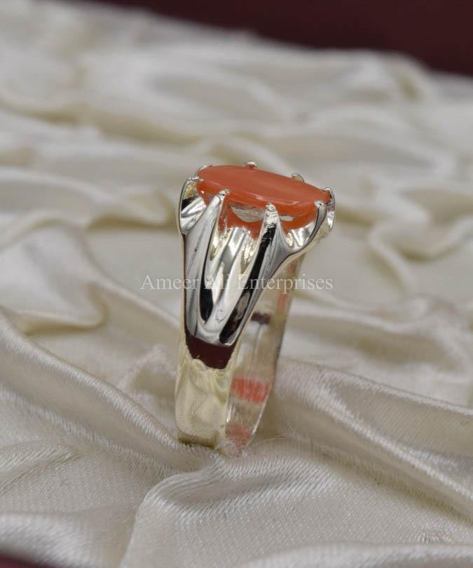 AAE 1576 Chandi Ring 925, Stone: Marjan (Coral) - AmeerAliEnterprises