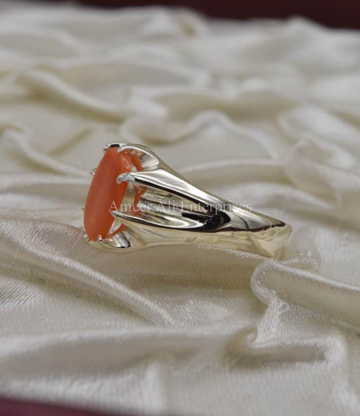 AAE 1576 Chandi Ring 925, Stone: Marjan (Coral) - AmeerAliEnterprises