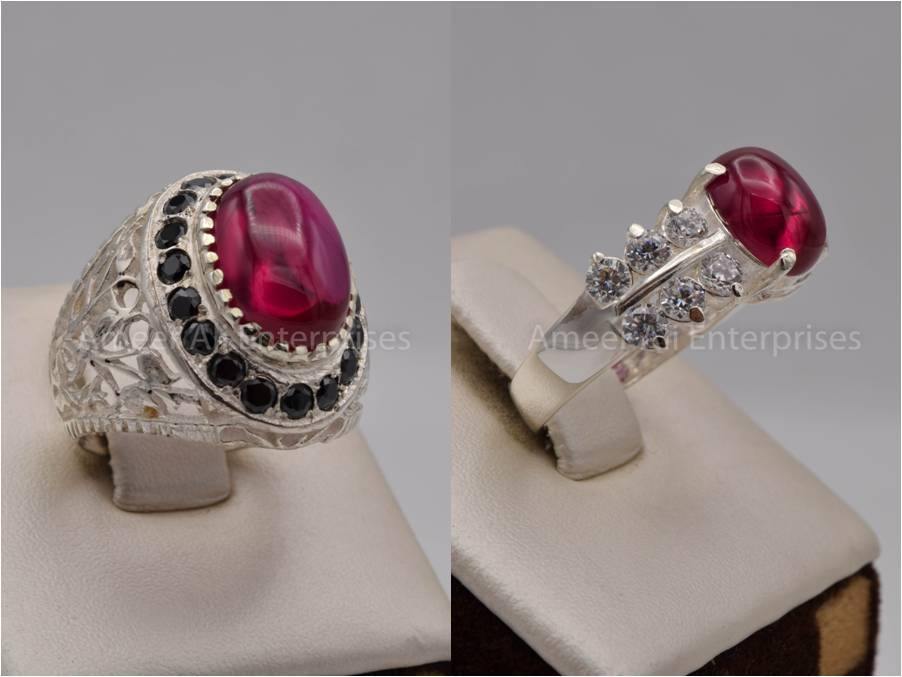 Silver Couple Rings: Pair 156, Stone: Irani Poota Yaqoot - AmeerAliEnterprises