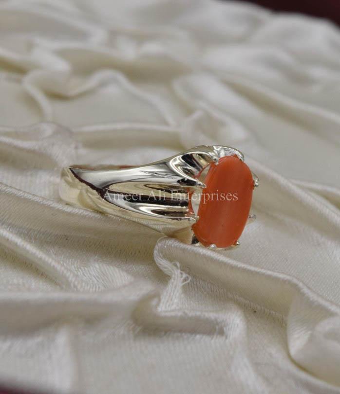 AAE 1576 Chandi Ring 925, Stone: Marjan (Coral) - AmeerAliEnterprises