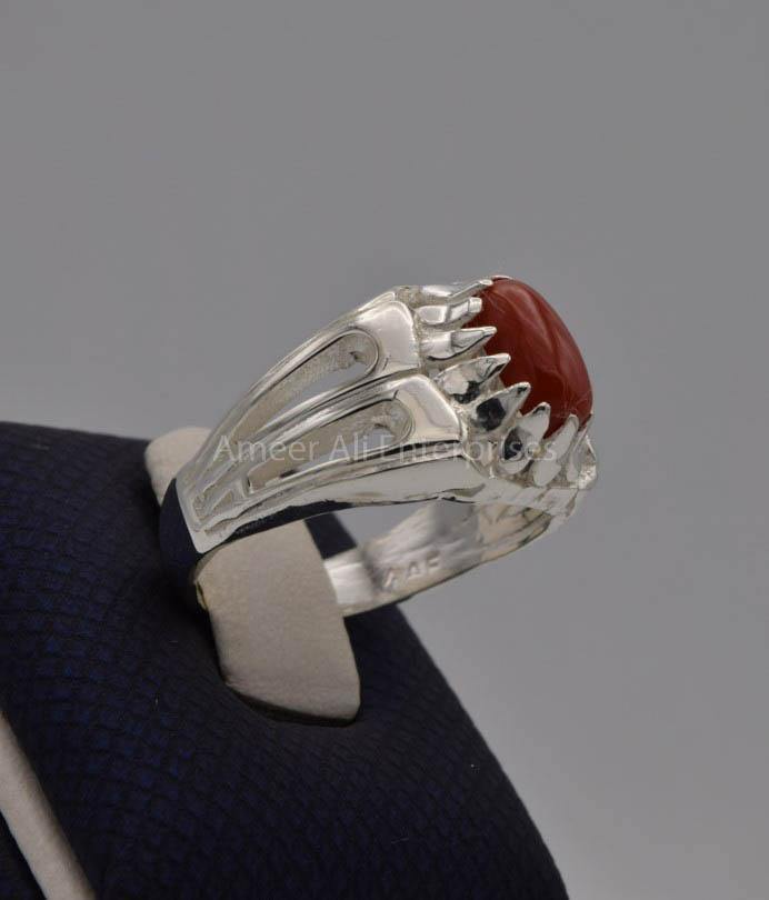AAE 7712 Chandi Ring 925, Stone: Marjan (Coral) - AmeerAliEnterprises