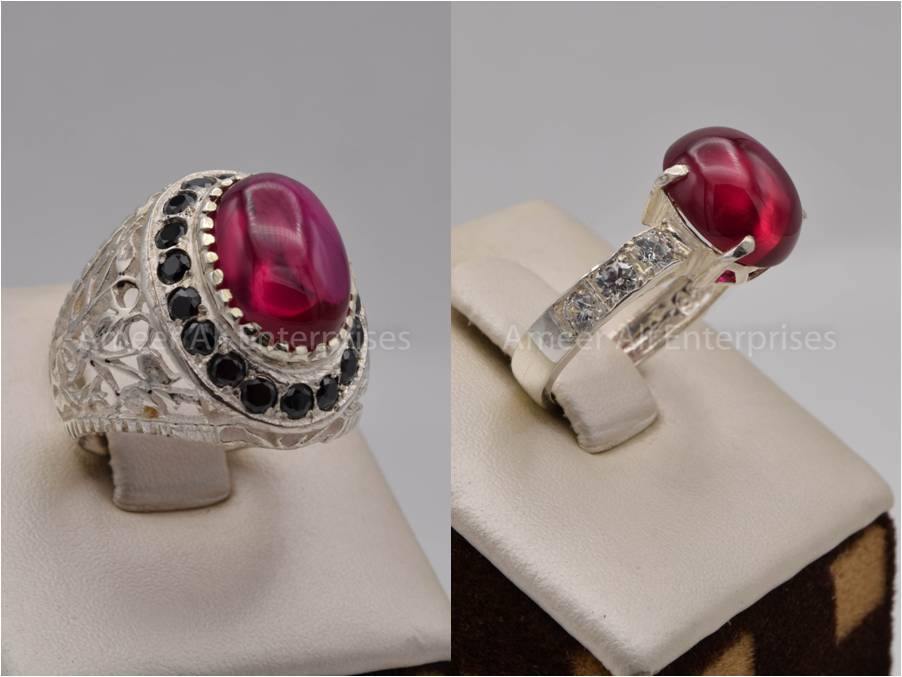 Silver Couple Rings: Pair 157, Stone: Irani Poota Yaqoot - AmeerAliEnterprises