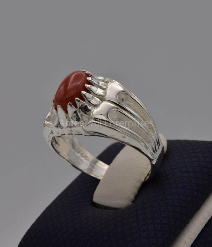 AAE 7712 Chandi Ring 925, Stone: Marjan (Coral) - AmeerAliEnterprises