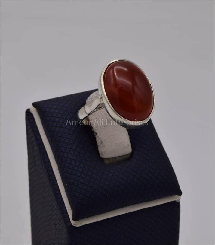 AAE 5740 Chandi Ring 925, Stone: Red Aqeeq - AmeerAliEnterprises