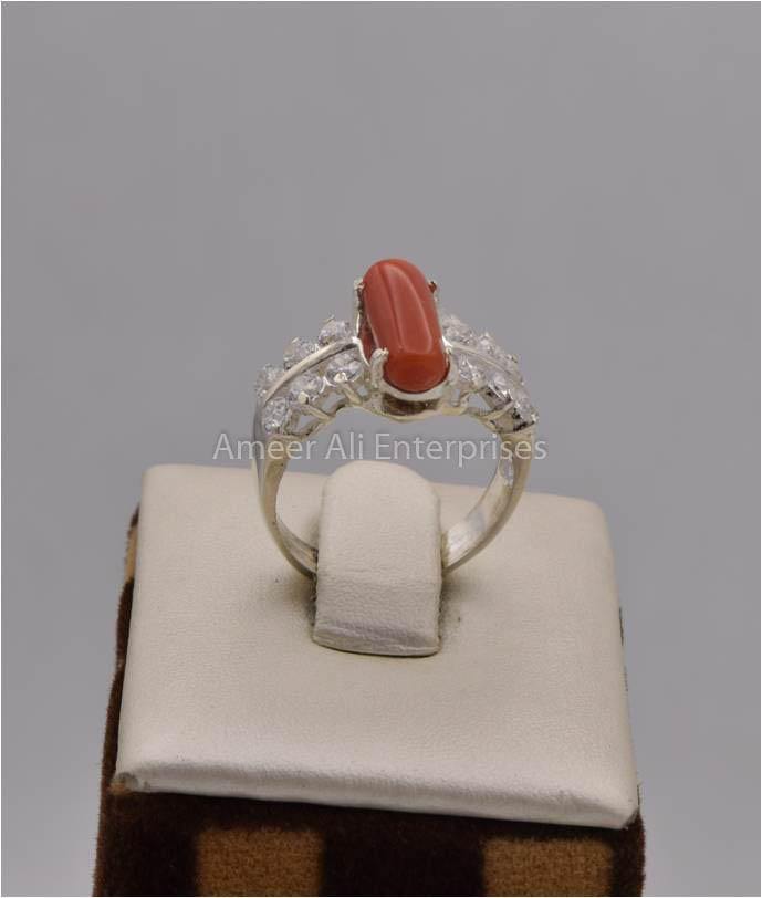 AAE 2506 Chandi Ring 925, Stone: Marjan (Coral) - AmeerAliEnterprises
