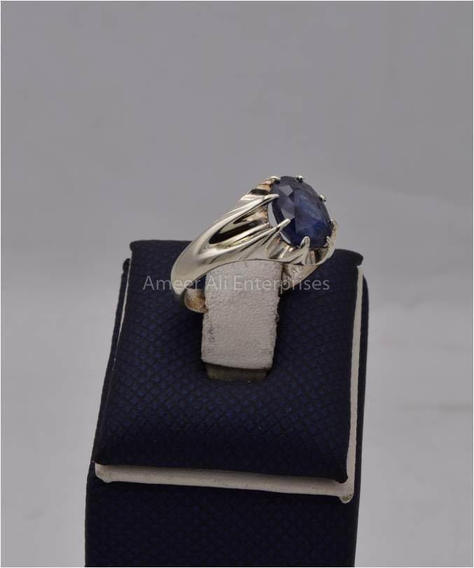 AAE 9813 Chandi Ring 925, Stone: Blue Sapphire (Neelam) - AmeerAliEnterprises
