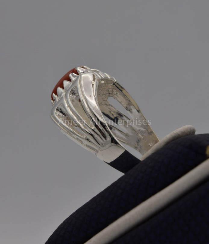 AAE 7712 Chandi Ring 925, Stone: Marjan (Coral) - AmeerAliEnterprises