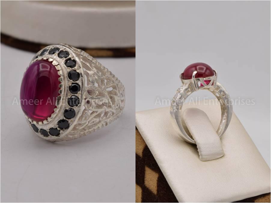 Silver Couple Rings: Pair 157, Stone: Irani Poota Yaqoot - AmeerAliEnterprises