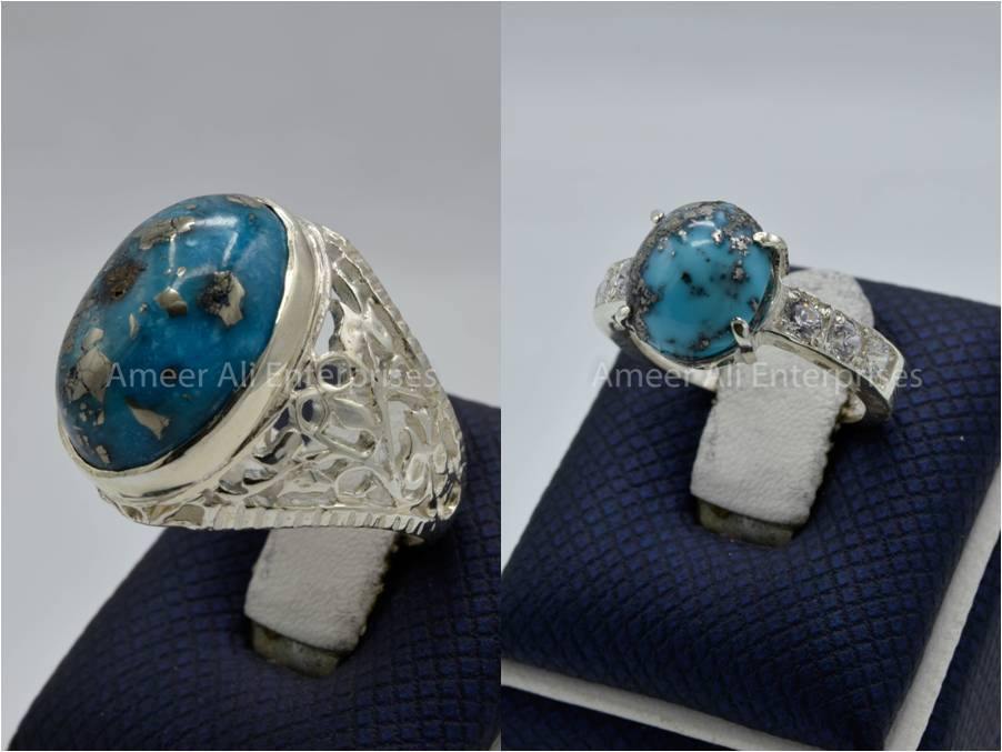 Silver Couple Rings: Pair 132, Stone: Shajri Feroza - AmeerAliEnterprises