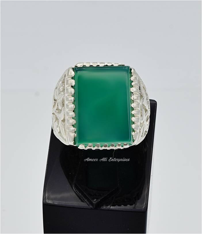 AAE 6647 Chandi Ring 925, Stone: Green Aqeeq