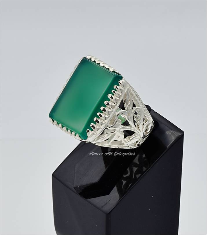 AAE 6647 Chandi Ring 925, Stone: Green Aqeeq
