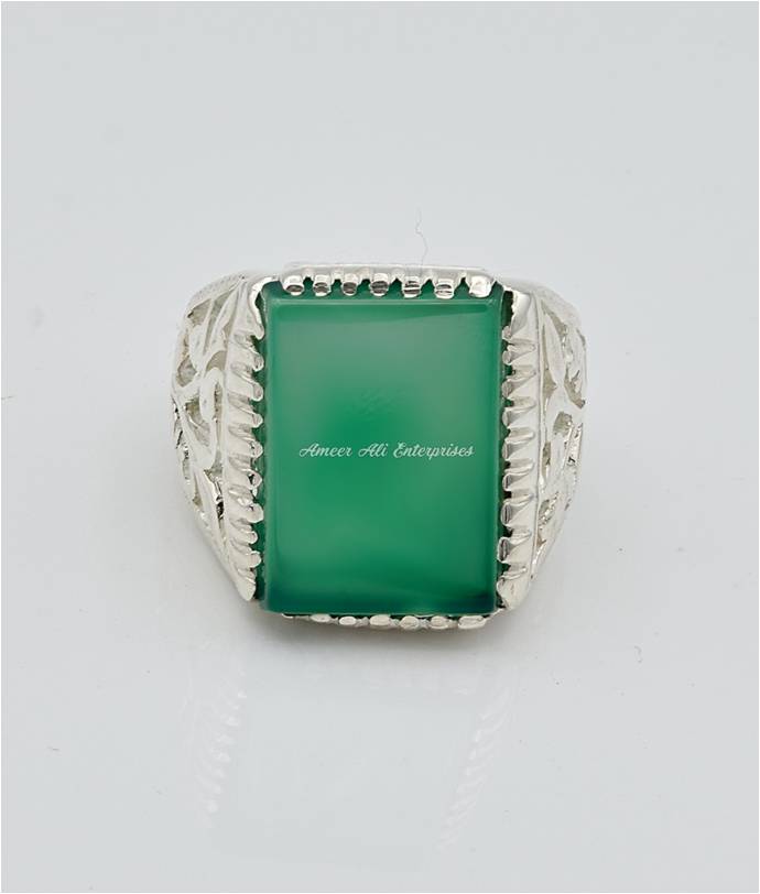 AAE 6647 Chandi Ring 925, Stone: Green Aqeeq