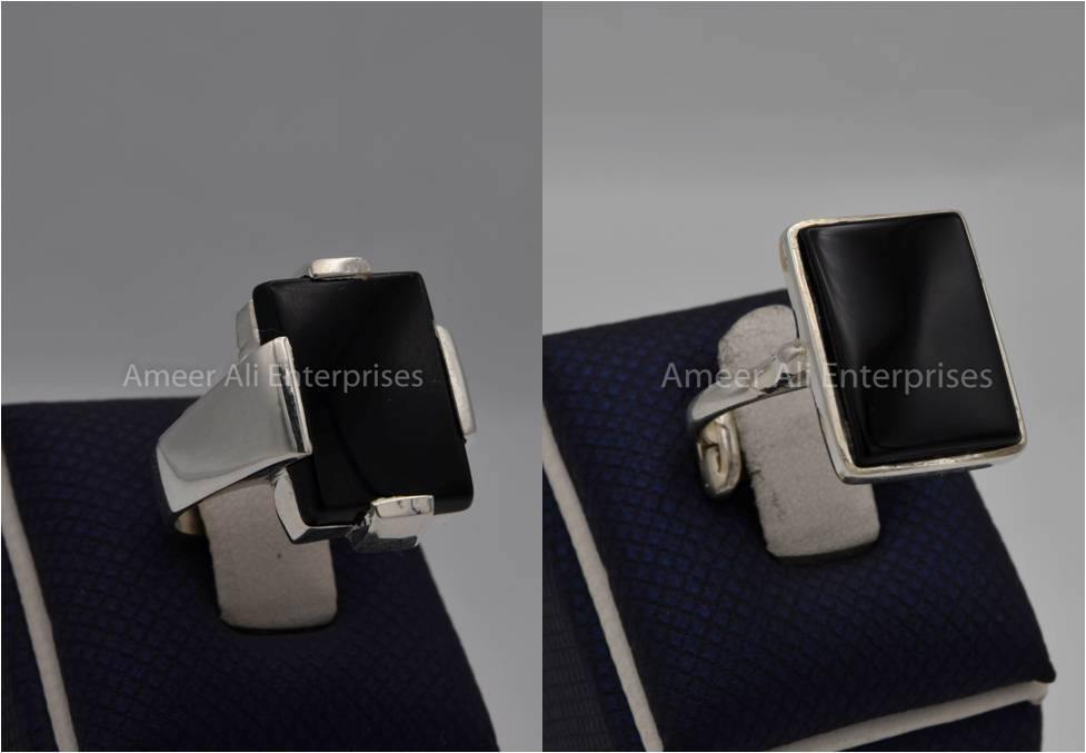 Silver Couple Rings: Pair 87, Stone: Black Aqeeq (Agate) - AmeerAliEnterprises