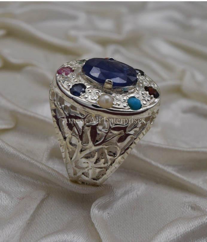 AAE 1590 Chandi Ring 925, Stone: Navratan (Nine Original Stones) - AmeerAliEnterprises