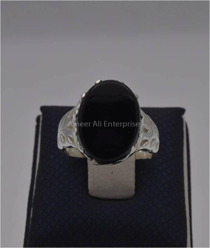 AAE 1211 Chandi Ring 925, Stone: Black Aqeeq - AmeerAliEnterprises