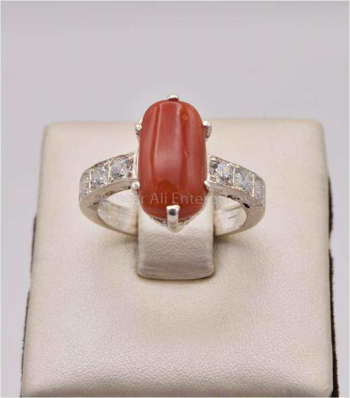 AAE 2503 Chandi Ring 925, Stone: Marjan (Coral) - AmeerAliEnterprises
