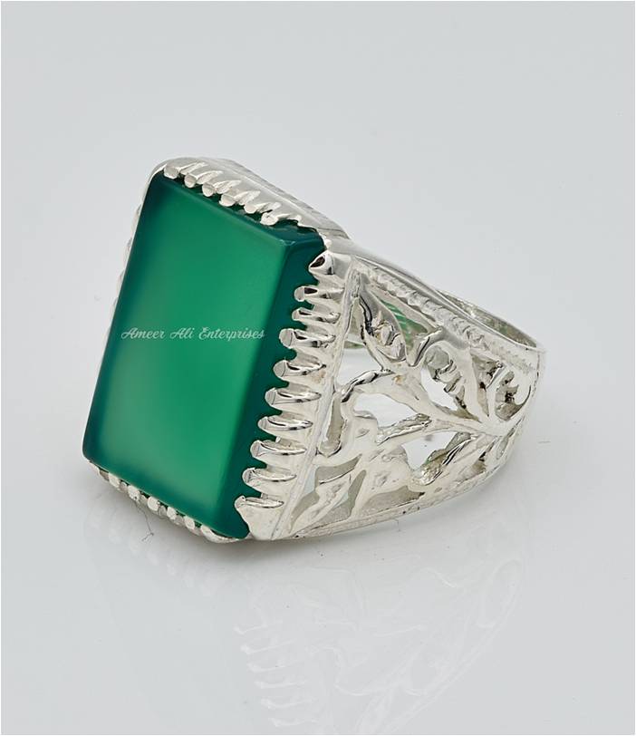 AAE 6647 Chandi Ring 925, Stone: Green Aqeeq