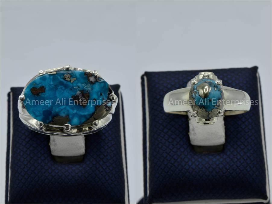 Silver Couple Rings: Pair 127, Stone: Shajri Feroza - AmeerAliEnterprises