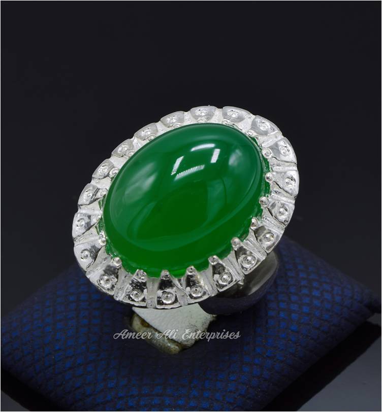 AAE 6816 CHANDI RING 925, STONE: Green Aqeeq