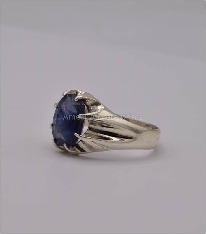 AAE 9813 Chandi Ring 925, Stone: Blue Sapphire (Neelam) - AmeerAliEnterprises