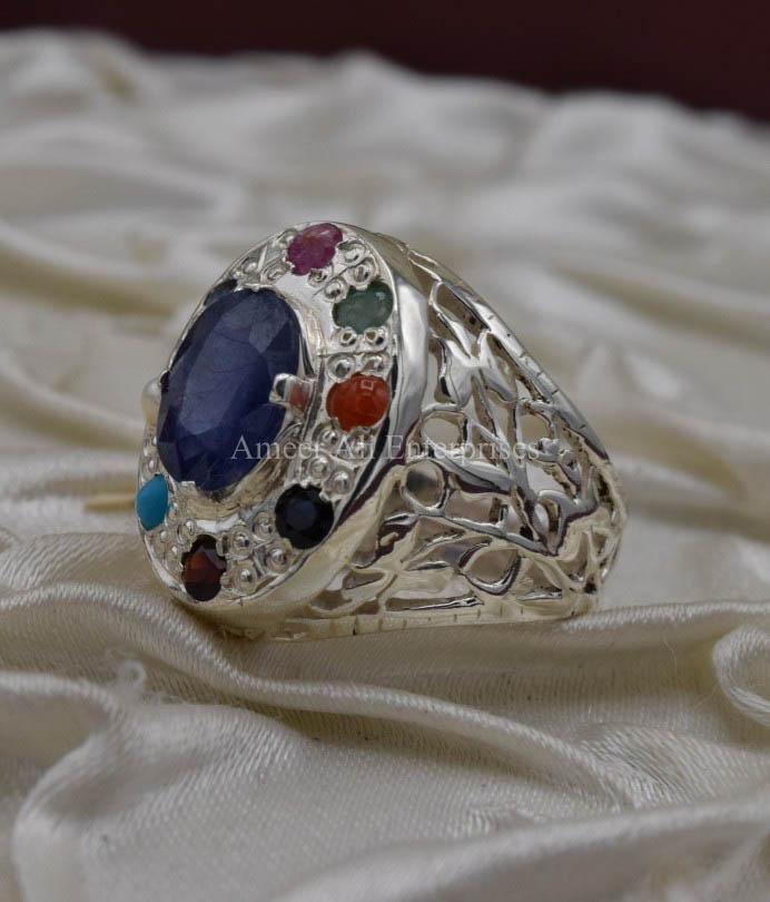 AAE 1590 Chandi Ring 925, Stone: Navratan (Nine Original Stones) - AmeerAliEnterprises