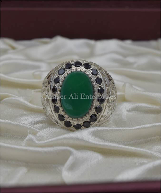 AAE 6692 Chandi Ring 925, Stone: Green Aqeeq