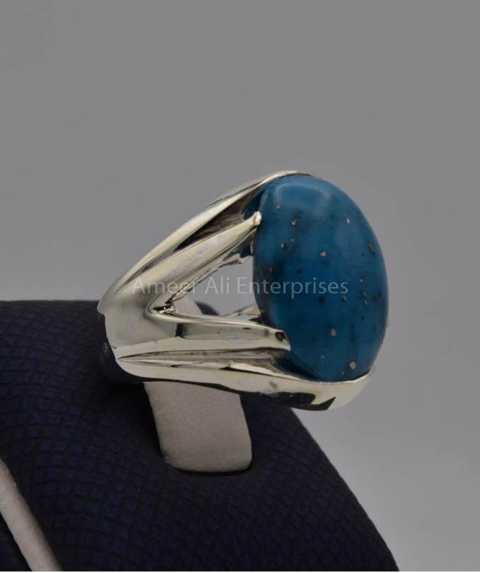 AAE 7744 Chandi Ring 925, Stone: Shajri Feroza (Turquoise) - AmeerAliEnterprises