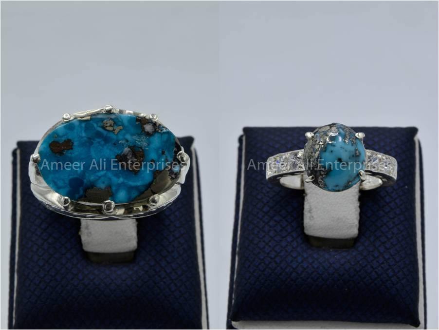 Silver Couple Rings: Pair 126, Stone: Shajri Feroza - AmeerAliEnterprises