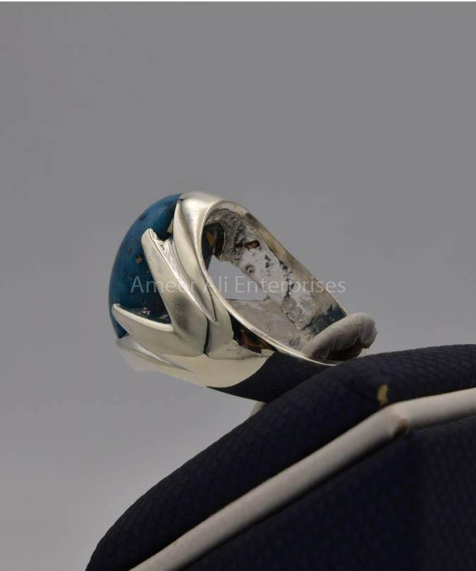 AAE 7744 Chandi Ring 925, Stone: Shajri Feroza (Turquoise) - AmeerAliEnterprises