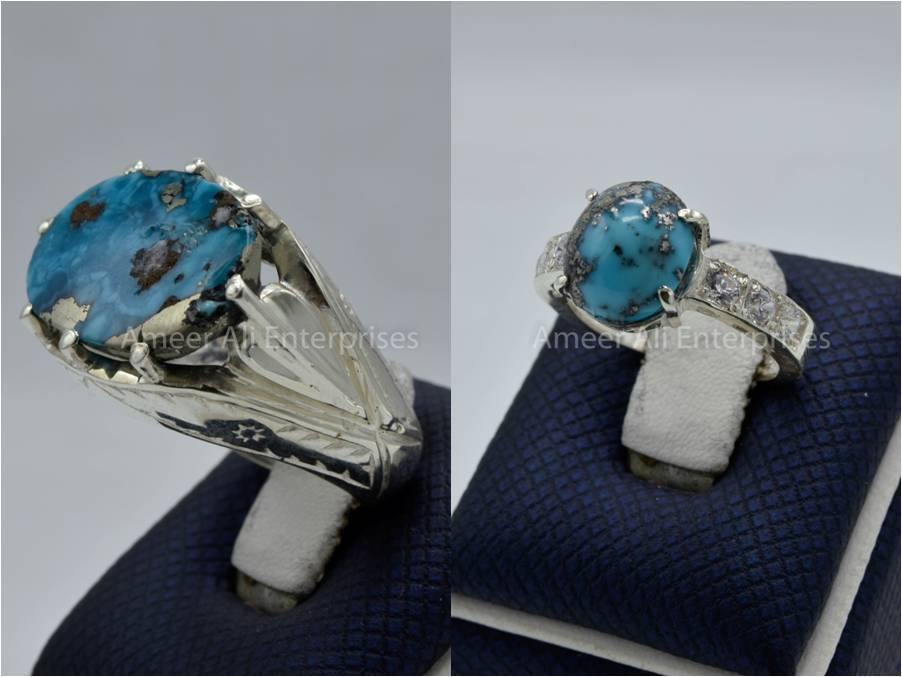 Silver Couple Rings: Pair 126, Stone: Shajri Feroza - AmeerAliEnterprises