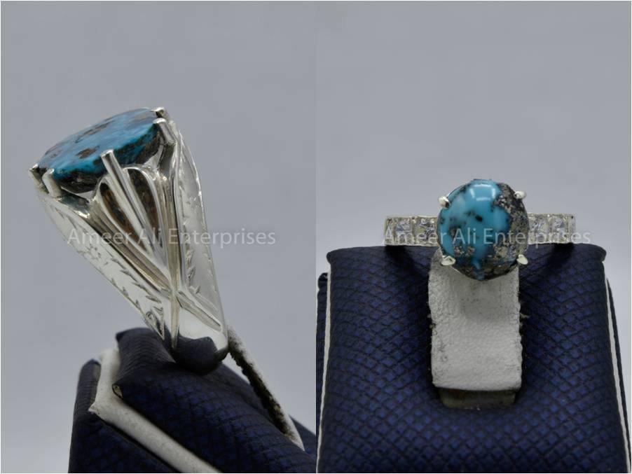 Silver Couple Rings: Pair 126, Stone: Shajri Feroza - AmeerAliEnterprises