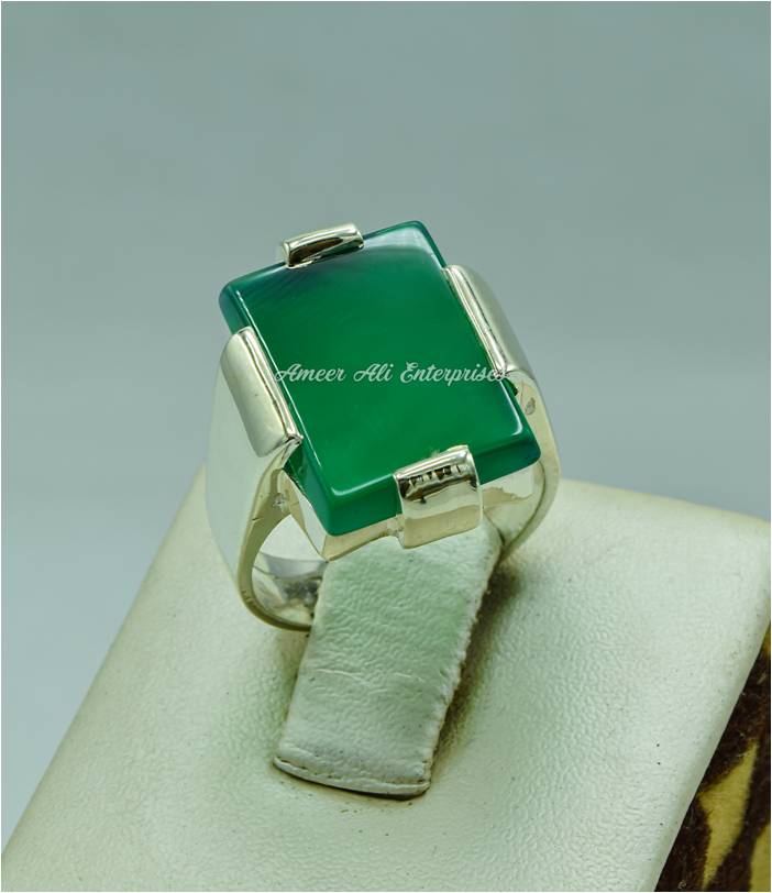 AAE 6762 Chandi Ring 925, Stone: Green Aqeeq