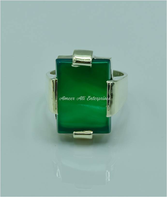 AAE 6762 Chandi Ring 925, Stone: Green Aqeeq
