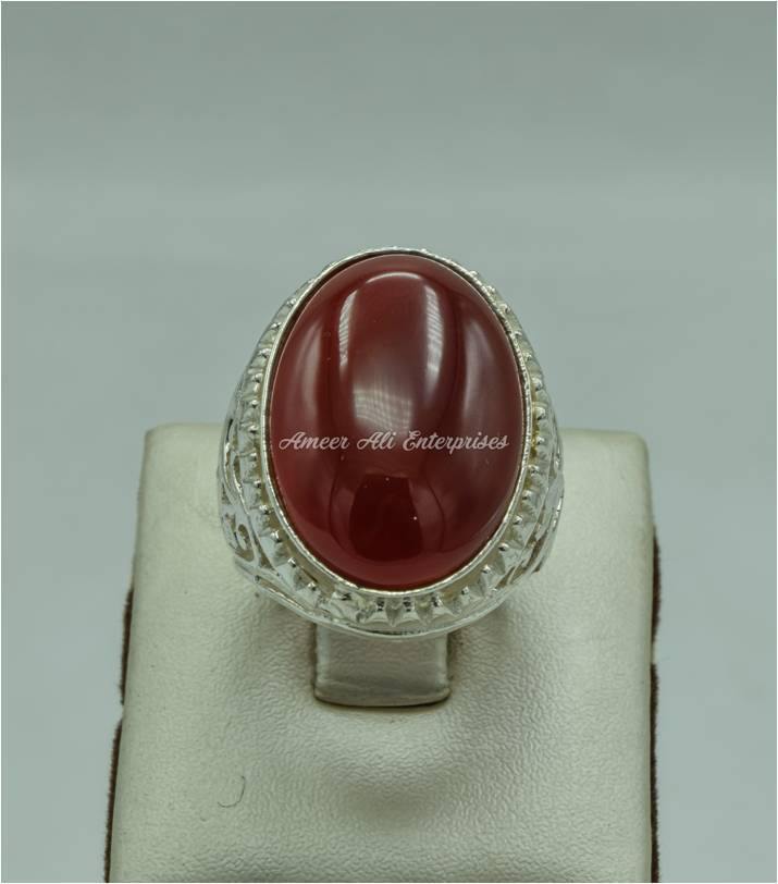 AAE 6157 Chandi Ring 925, Stone: Red Aqeeq - AmeerAliEnterprises