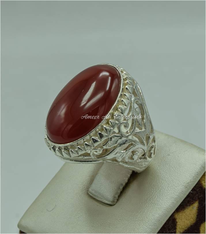 AAE 6157 Chandi Ring 925, Stone: Red Aqeeq - AmeerAliEnterprises