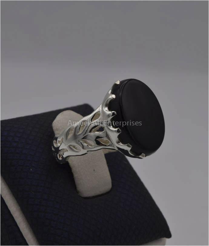 AAE 1211 Chandi Ring 925, Stone: Black Aqeeq - AmeerAliEnterprises