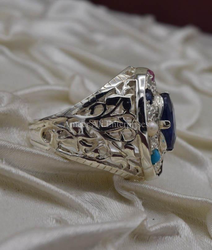 AAE 1590 Chandi Ring 925, Stone: Navratan (Nine Original Stones) - AmeerAliEnterprises